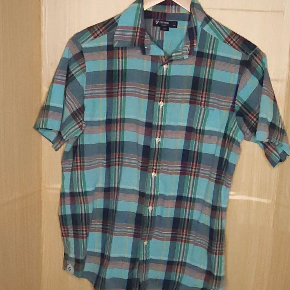 Cremieux Teal Plaid Short Sleeve Button Down Medium